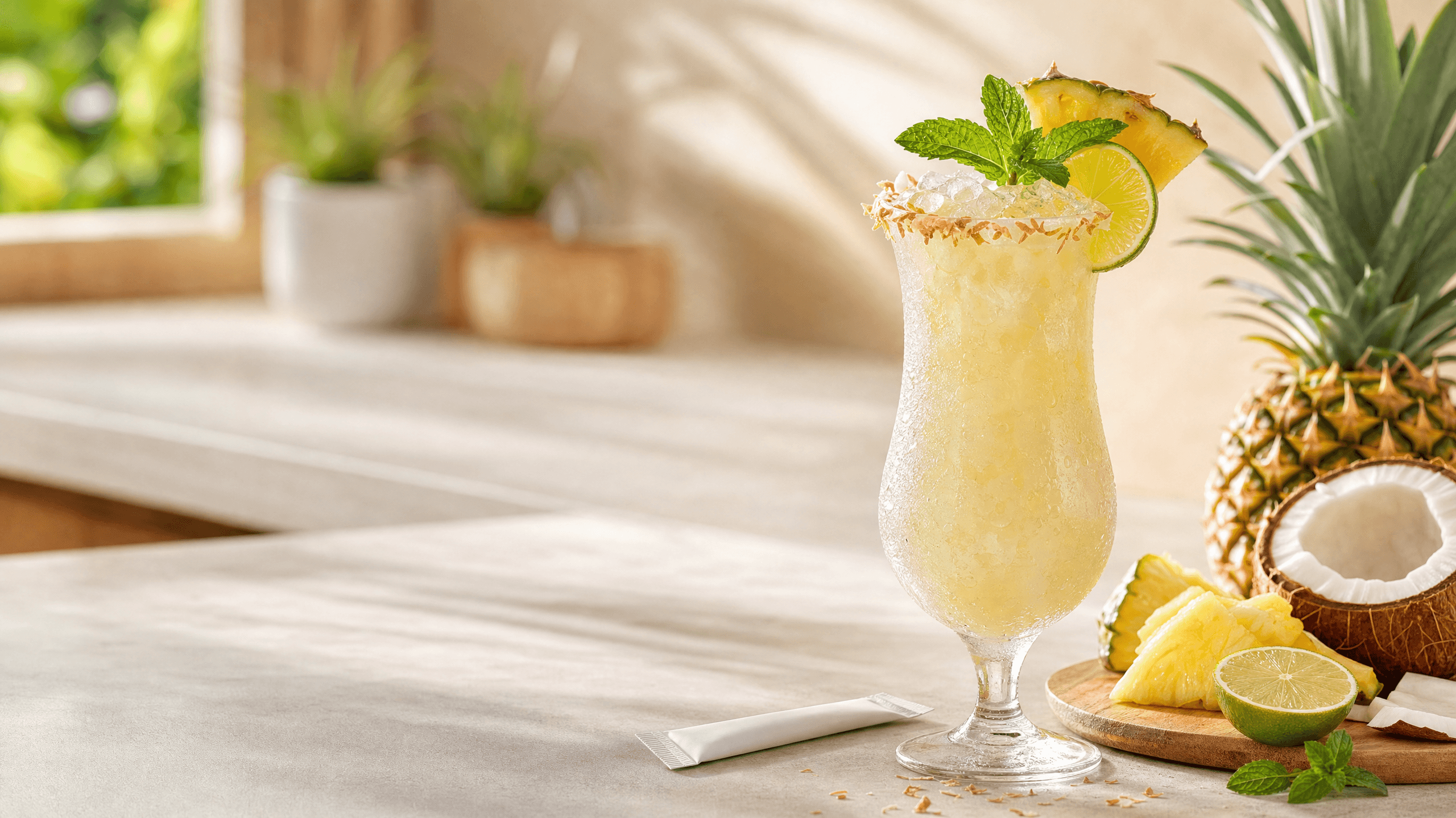 A tropical pineapple kava colada mocktail with coconut, lime, crushed ice, and pineapple garnish beside a KILA Pineapple Social Tonic