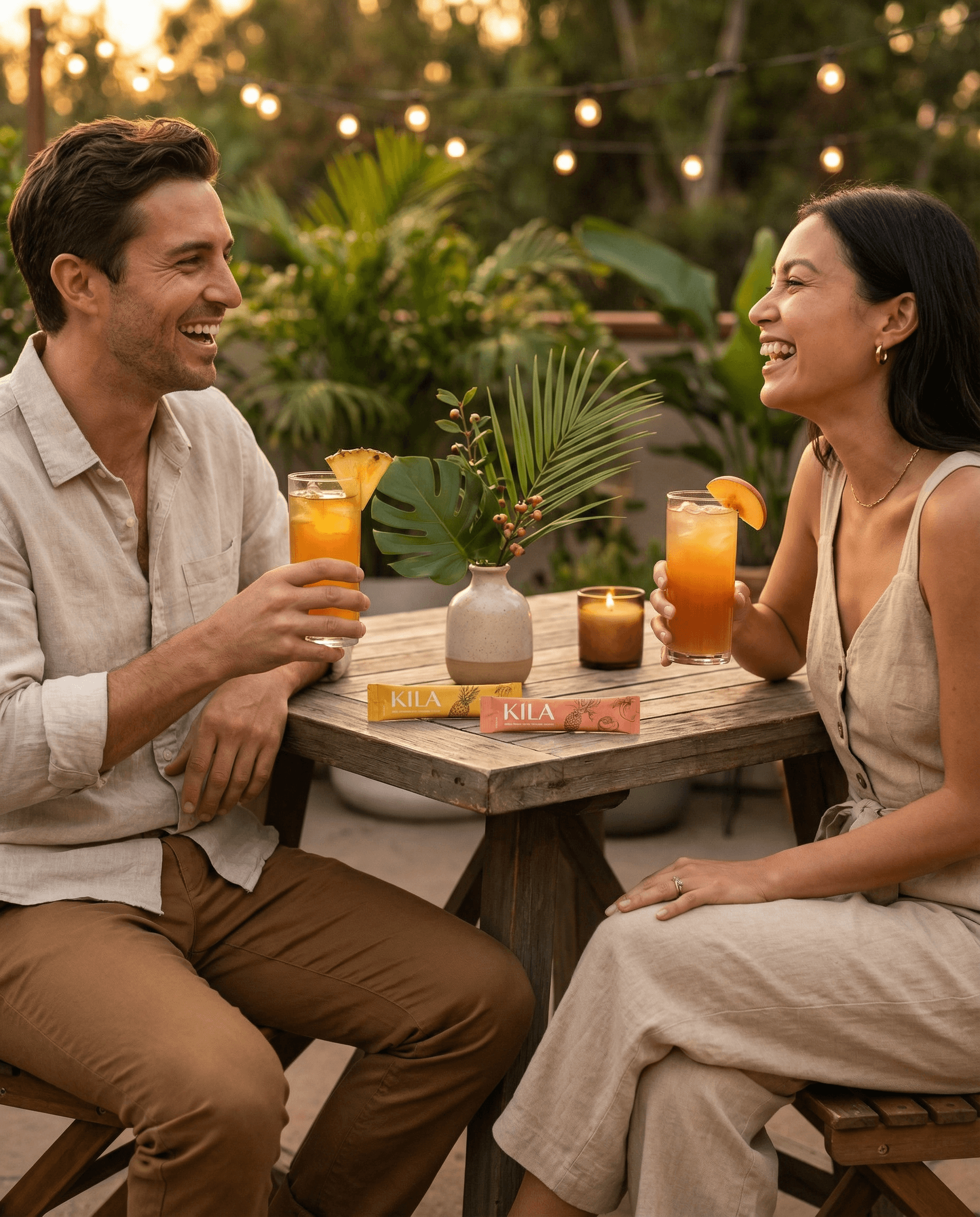 Two friends sharing KILA Social Tonic on a patio